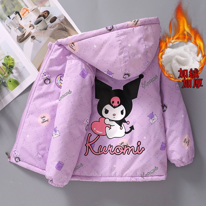Girls' Cotton Clothing Kuromi New 2025 Fleece-Lined Stylish Thickened Coat for Young Girls Winter Wear Double Cotton Trench Coat