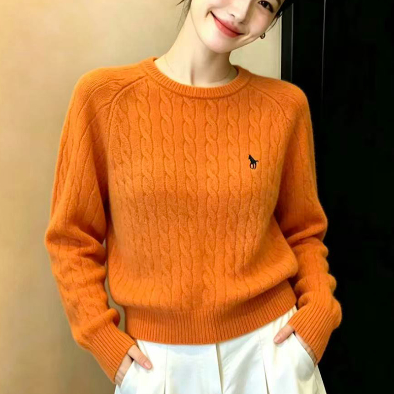 Casual Style Embroidered Pony Pattern Cable Knit Wool Sweater for Women, New Autumn and Winter Thickened Raglan Sleeve Sweater Versatile Top