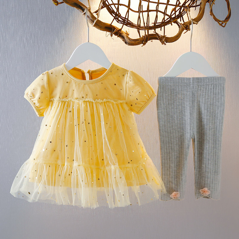 2022 Children Dress Foreign Pie Girl Short Sleeve Summer Style Suit Casual Woman Baby Short Sleeve Yarn Dress Two Sets Summer Dress Suit