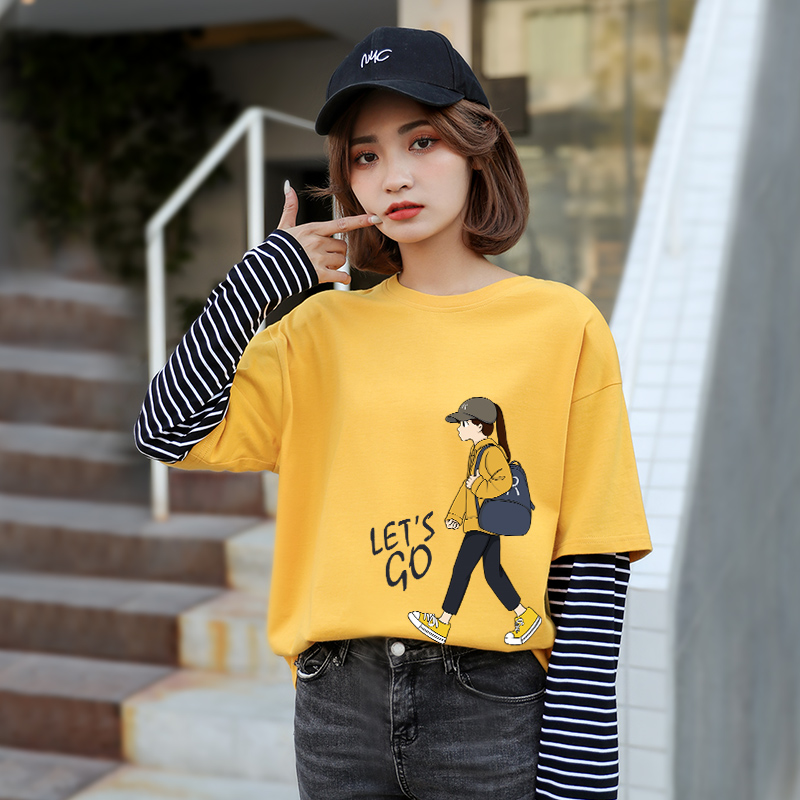 Long sleeve T-shirt woman 2022 new summer spring autumn women's clothing students splicing spring leave two autumn clothes outside wearing blouses