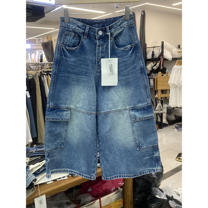 Spring and Summer Workwear Style Wide-Leg Denim Cropped Pants for Women, Slimming, Versatile, Casual, Multi-Pocket, Blue Pants