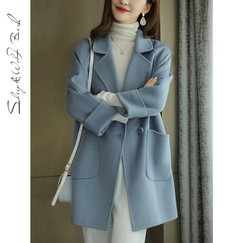 Haze Blue Coat for Women, High-End Double-Sided Zero Cashmere, New Autumn and Winter Korean Style Loose Australian Wool Suit Jacket