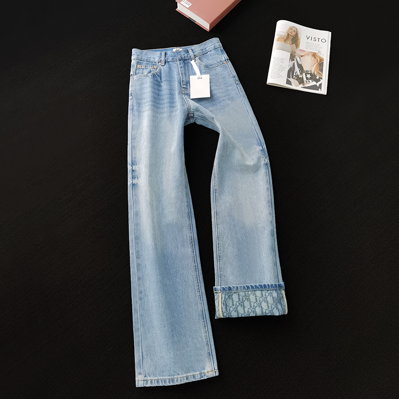 D! 26 Spring and Autumn New Product with Patterned Lining, Light Blue Textured Slim Straight High-Waisted Jeans for Women, Light Luxury