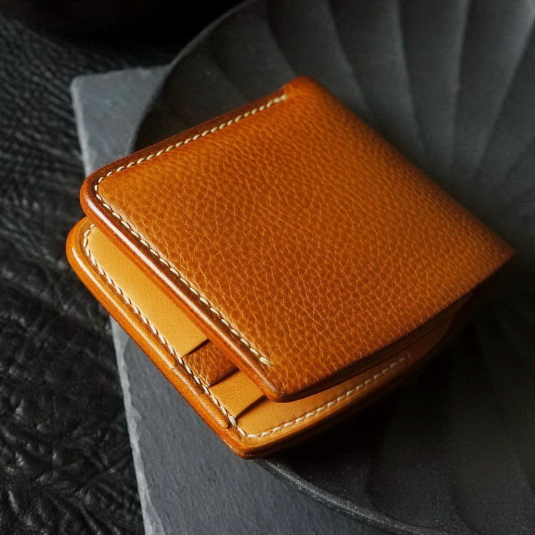 Photo Holder Short Clip Italian Yellow-Brown Vintage Embossed Soft Vegetable-Tanned Leather Hand-Stitched Leather Goods Handmade by Lu Ji