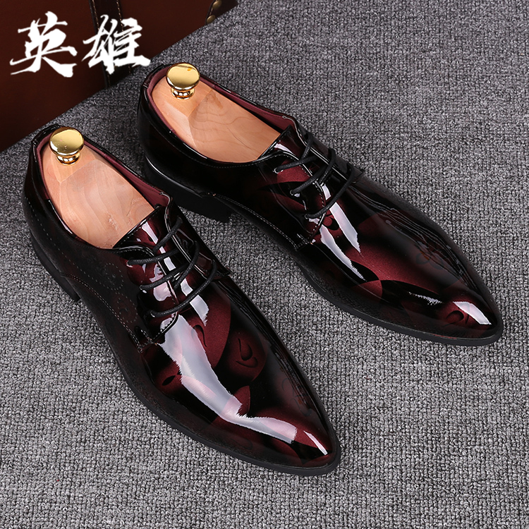 Summer wine red wedding business pointy leather shoes Korean version lacquered leather Fashion Inner heightening Breathable Broken Flowers Low Bunch Shoes