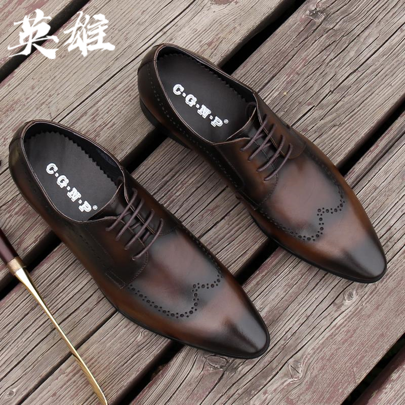 Business Zhengdress Bloc Carved Leather Shoes Head Layer Cow Leather Rub color sleeve Tide Male Lace breathable Wedding Shoes Summer