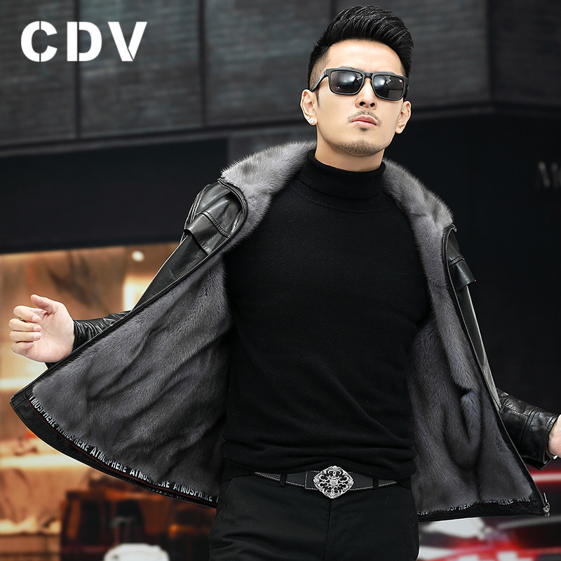 Winter new leather jacket men's mink liner skin overcoming short mink fur coat men's lapel coat