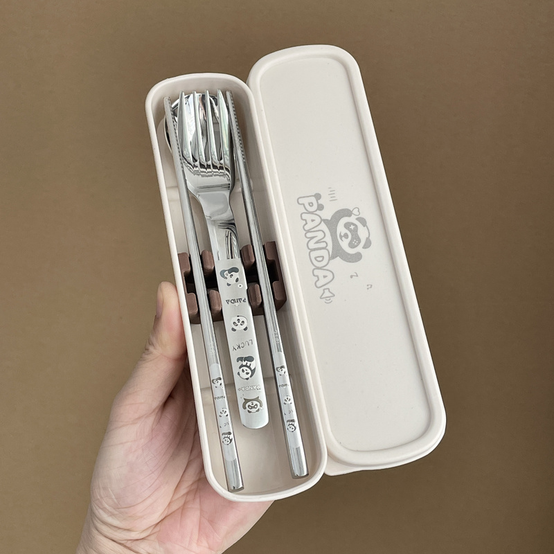 316 Stainless Steel Chopsticks, Spoon, and Fork Three-Piece Set Cute Panda Children's Outdoor Canteen Portable Cutlery Set