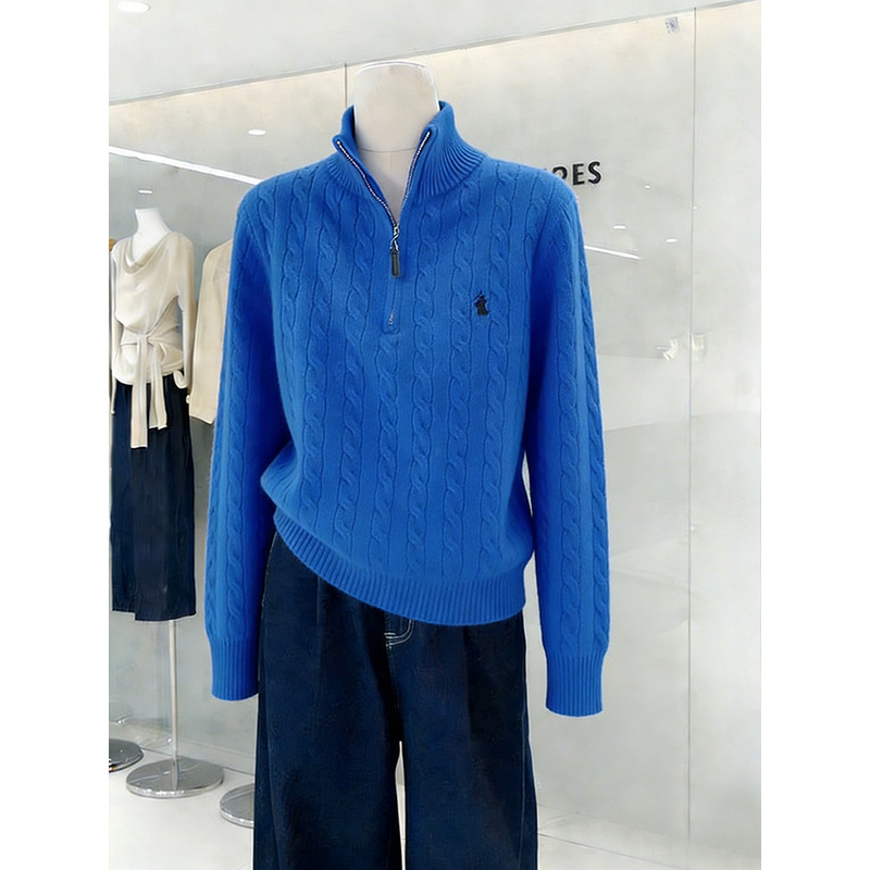[Offline Physical Store Same Style] Fashionable Stand-Up Collar Klein Blue Embroidered Cable Knit Sweater for Women, Autumn and Winter Knit Top