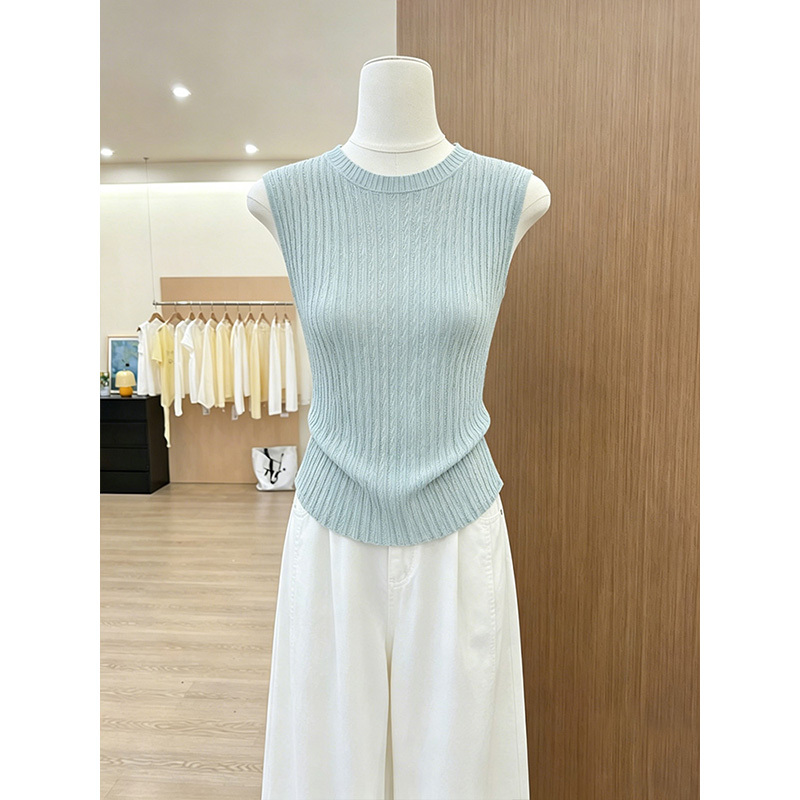 【Same Style as Offline Stores】Fresh and Simple Blue Sleeveless Knit Top, New Summer Style, Slim Fit, Lightweight Tank Top