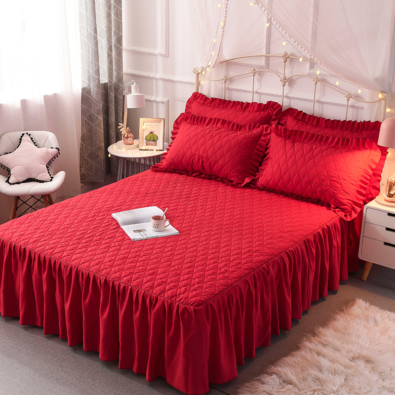 Korean version of the princess padded bed skirt single red skirt bed single bed cover thickened non-slip bed cover Autumn and winter protective cover