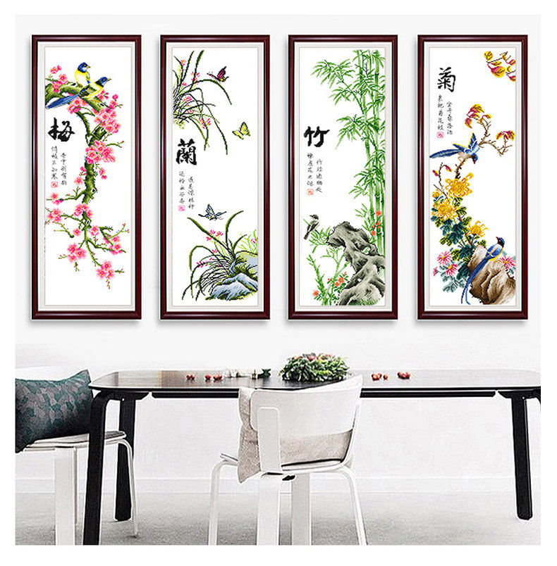 Готовая вышивка крестом 纯手工已绣好的春天埃及长绒棉十字绣成品中国风梅兰竹菊安格绣布