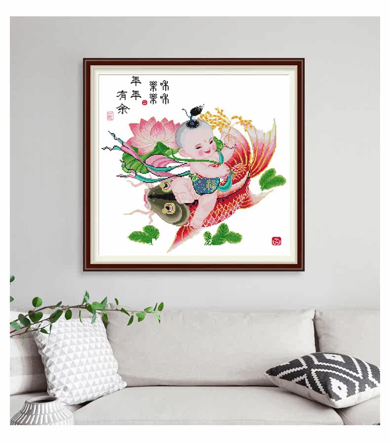 Готовая вышивка крестом 已绣好的纯手工春天埃及长绒棉十字绣成品年年有余中国风安格绣布