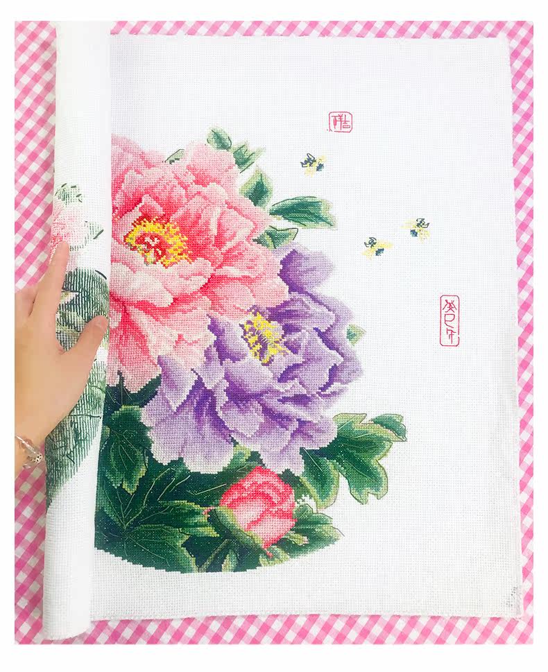 Готовая вышивка крестом 纯手工已绣好的春天埃及长绒棉十字绣成品花开富贵牡丹花安格绣布