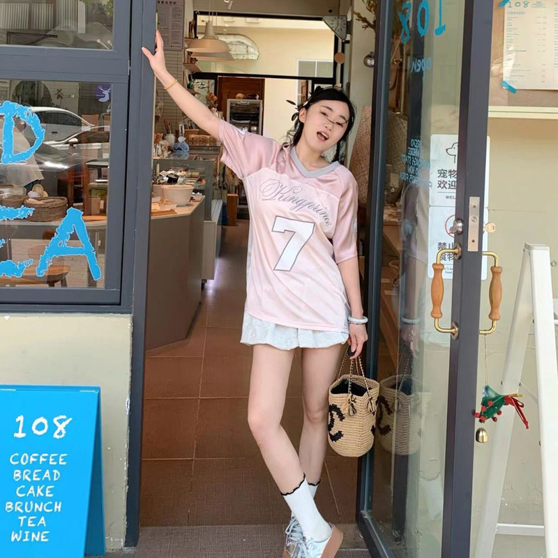 Pink Sports Jersey Letter-Printed Short-Sleeved T-Shirt for Women, Summer Trendy, Breathable, Quick-Drying, Loose, Casual, Versatile Top