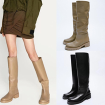 2023 new womens boots French retro style thick heel round head British long barrel gear shoes knight boots high leather boots