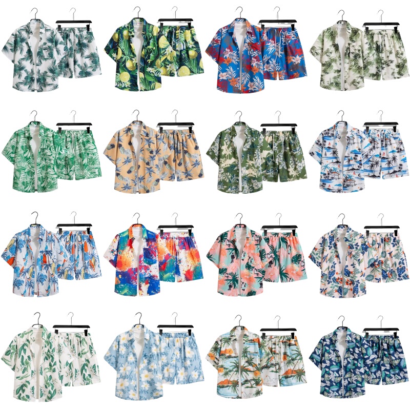 Set of Floral Shirts, Short-Sleeved, Thai, Hawaiian, Songkran Festival, Yunnan Shirt + Shorts, Beach Vacation, Unisex Couple