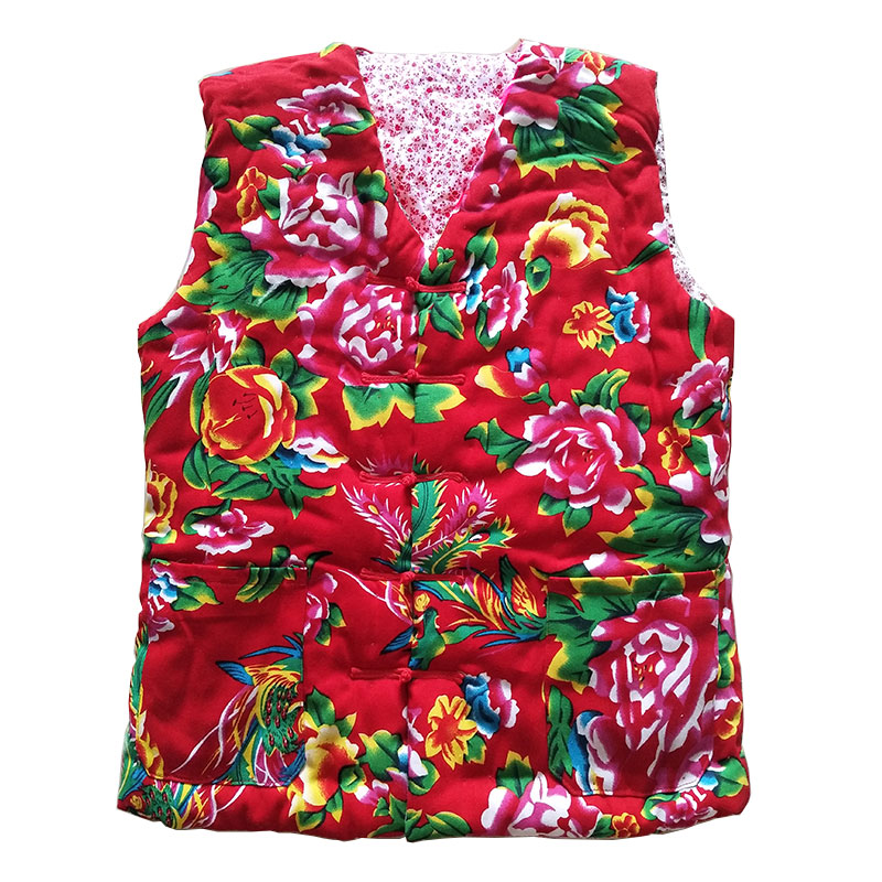 Northeast big flower men's cotton vest handmade pure cotton fabric pure cotton V-neck buckle ethnic style casual wear vest