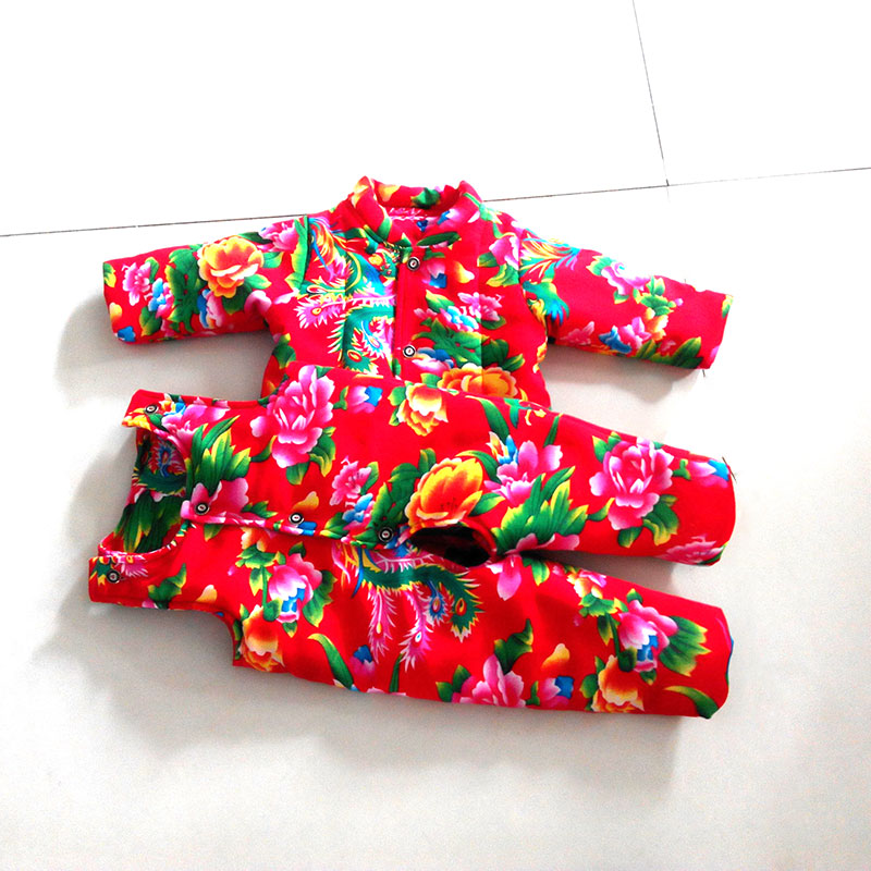 Baby 100 days to wear back with pants cotton clothes suit large flower flap to open crotch infant boy girl cotton padded jacket-Taobao