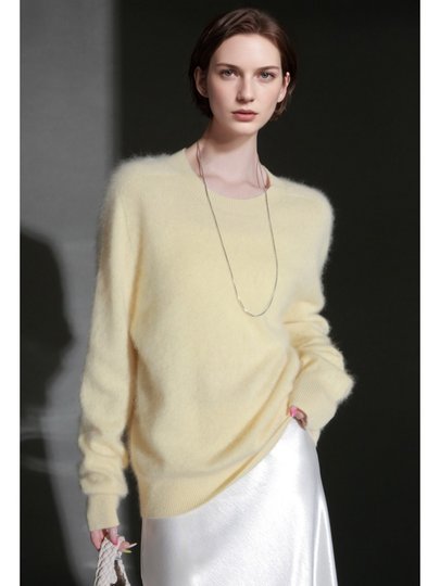 PIAOIN轻奢羊绒拉毛圆领无缝一体针织衫女欧美风宽松套头毛衣秋冬