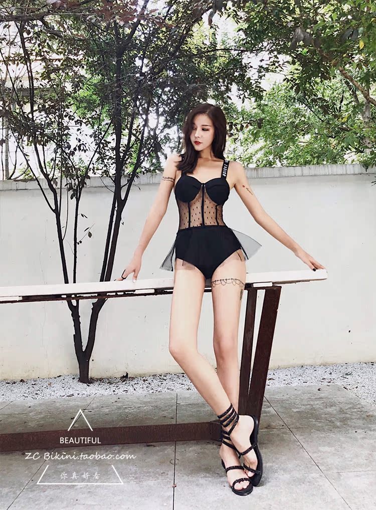 Ins net đỏ 2019 áo tắm mới nữ đính kèm sóng trong suốt ren eo eo sinh viên áo tắm mỏng bảo thủ đồ bơi nữ liền thân