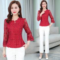  Lace shirt womens short 2021 spring and autumn European goods small shirt bottoming shirt to cover the stomach foreign style age-reducing wild top