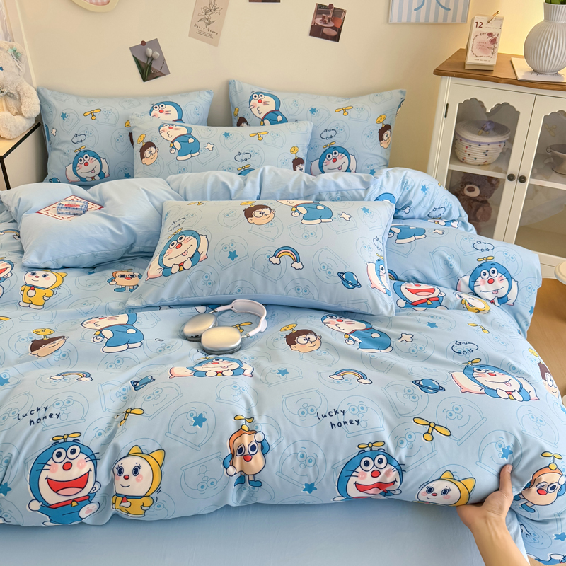 2025 New All-Cotton Four-Piece Set Doraemon Cartoon Robot Cat Duvet Cover Bed Sheet Fitted Sheet Children's Bedding Three-Piece Set