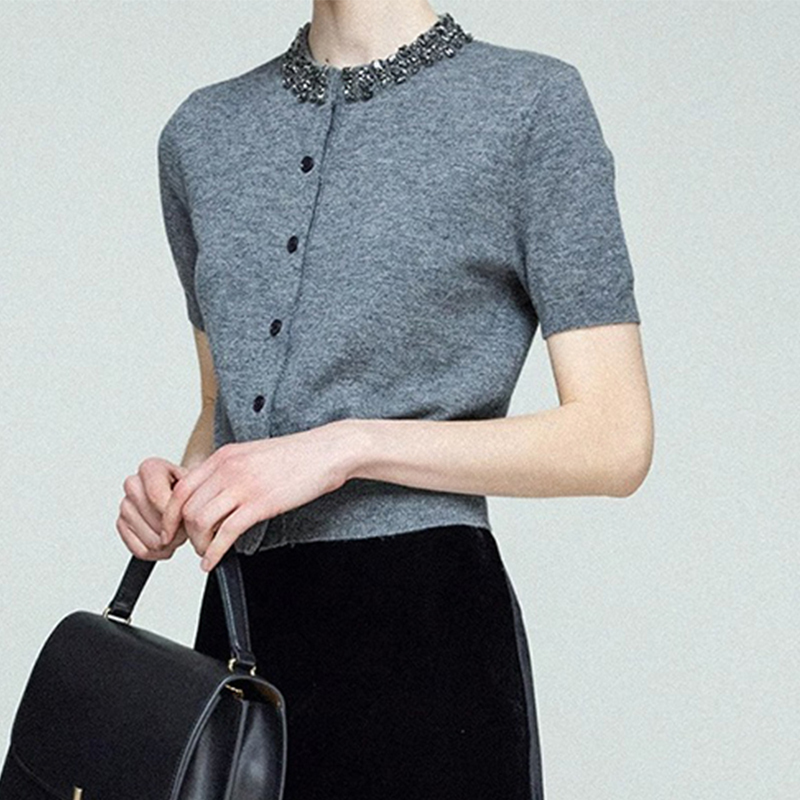 Mashu Mulberry Silk Knit Cardigan for Women 2026 Knit Short Sleeve Summer Heavy Embellished T-Shirt with Rhinestones
