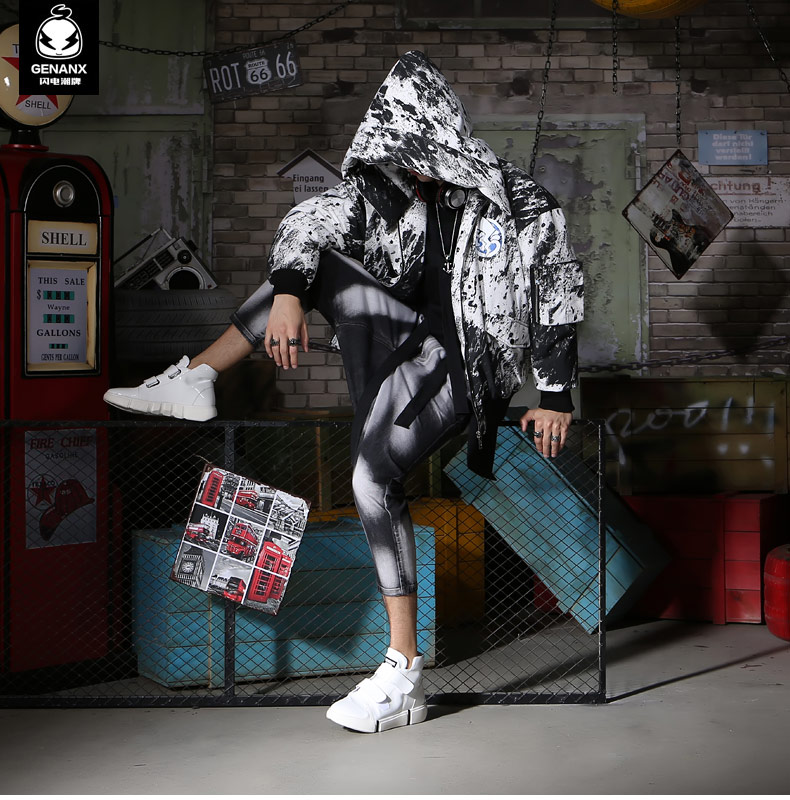 GENANX sét thủy triều thương hiệu cotton nam sườn in xu hướng thời trang mới mùa đông những người yêu thích áo khoác nam trùm đầu áo khoác đẹp