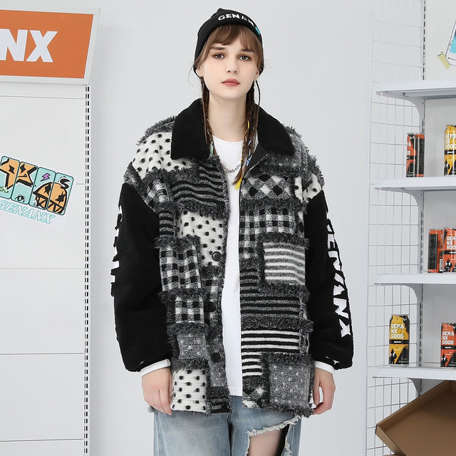 GENANX Lightning Trendy Brand Jacket Cotton Jacket Genderless High Street Fashion Materials Splicing Couple Style Lamb Velvet Cotton Jacket