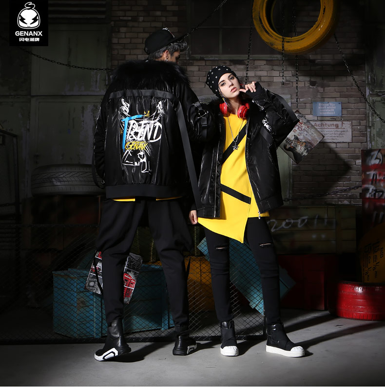 GENANX sét triều thương hiệu áo cặp đôi mùa đông thời trang mới hip hop in teen lông cổ áo nam đồ cặp với người yêu
