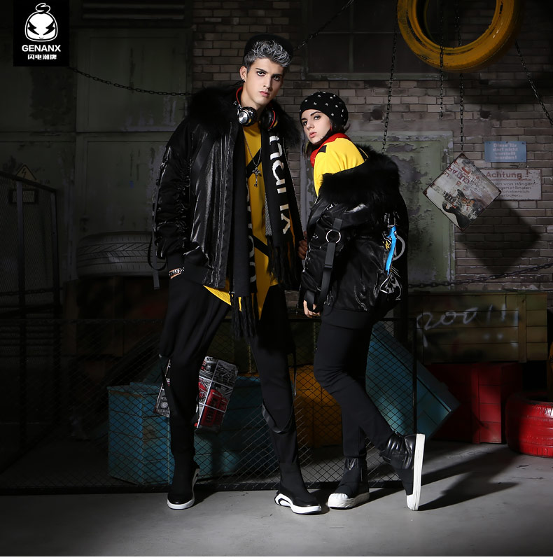 GENANX sét triều thương hiệu áo cặp đôi mùa đông thời trang mới hip hop in teen lông cổ áo nam đồ cặp với người yêu