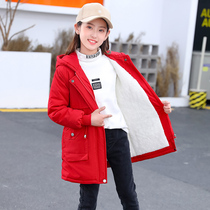 Girls coat windbreaker winter style velvet and cotton mid-length loose belted foreign style childrens fashion hooded Korean version