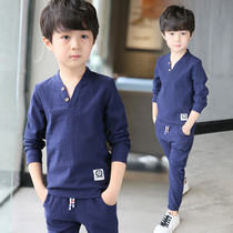 Childrens clothing boys summer cotton linen set 2021 New middle children long sleeve boy spring and autumn Korean version of foreign gas
