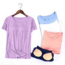 Spring Summer lady Modale short sleeves with chest cushion cotton bra cups integrated undershirt T-shirt yoga lingerie half sleeve