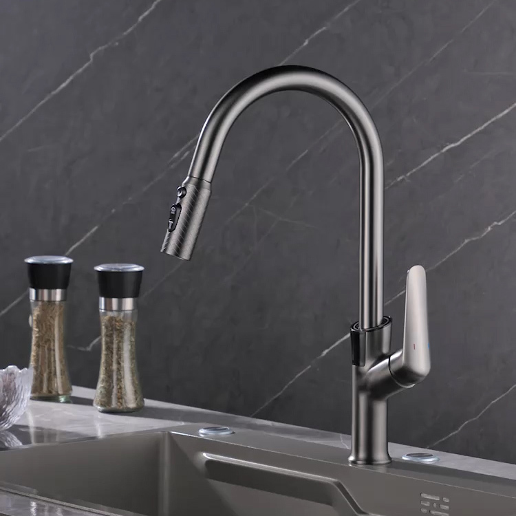 [Nengyi Bathroom] Copper Pull-Out Kitchen Faucet with Temperature Display, Ambient Lighting, and Three Water Outlet Modes 2586