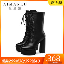  Love man road tide ins cool autumn and winter thick-heeled waterproof platform British wind mid-barrel Martin boots high-heeled thick-soled booties women