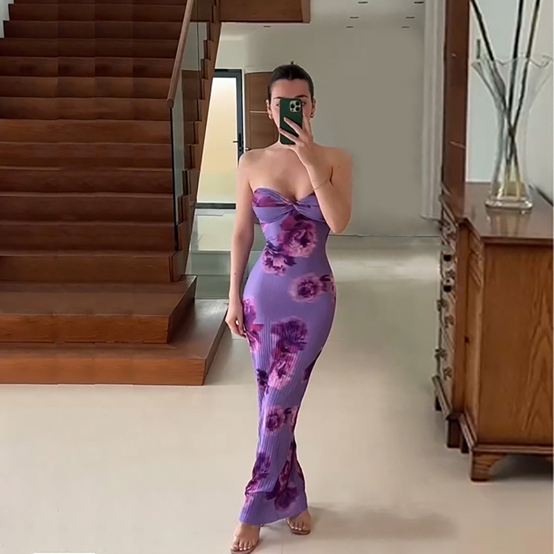 23 European and American Cross-Border Amazon Hot-Selling Strapless Backless Printed Pleated Slim-Fit Slimming Women's Long Dress Hy027B