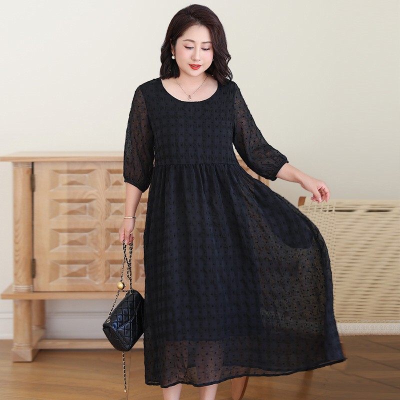 Plus Size Women's Clothing 2026 Summer New Jacquard Dress for Fat Women with Lantern Sleeves, Round Neck, Mid-Length Dress 125kg