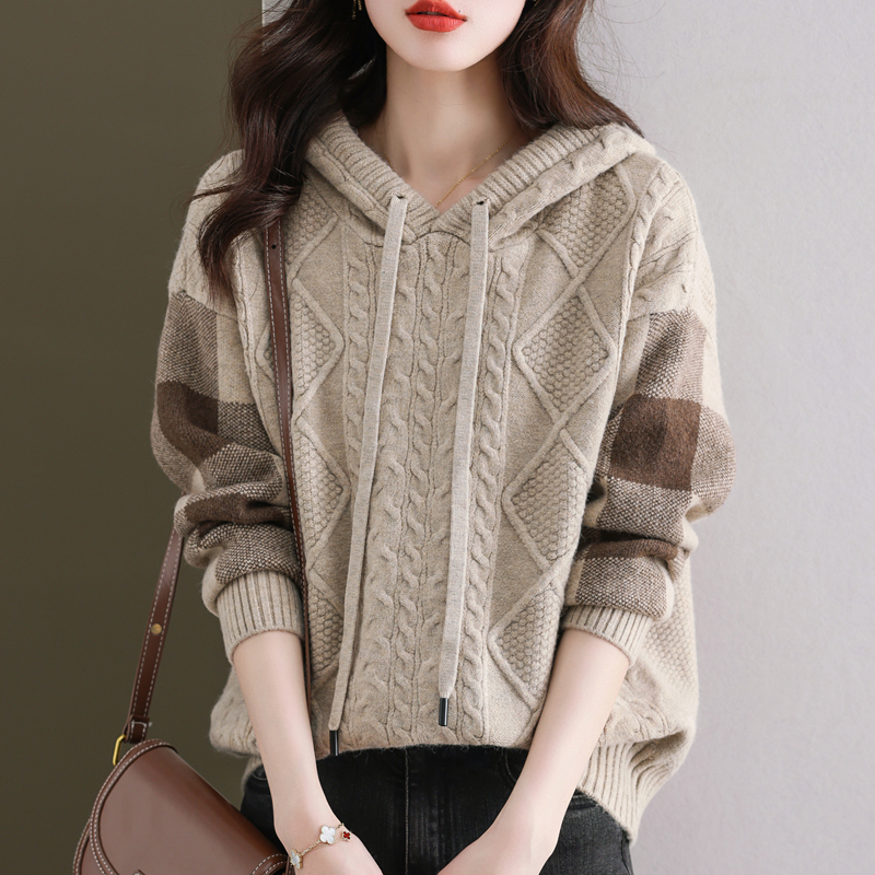 2026 Autumn and Winter New Hooded Knitwear Wool Sweatshirt for Women, Loose Fit, Plus Size, Thickened, Outerwear Cashmere Base Sweater 2026 Autumn and Winter New Hooded Knitwear Wool Sweatshirt for Women, Loose Fit, Plus Size, Thickened, Outerwear Cashmere Base Sweater