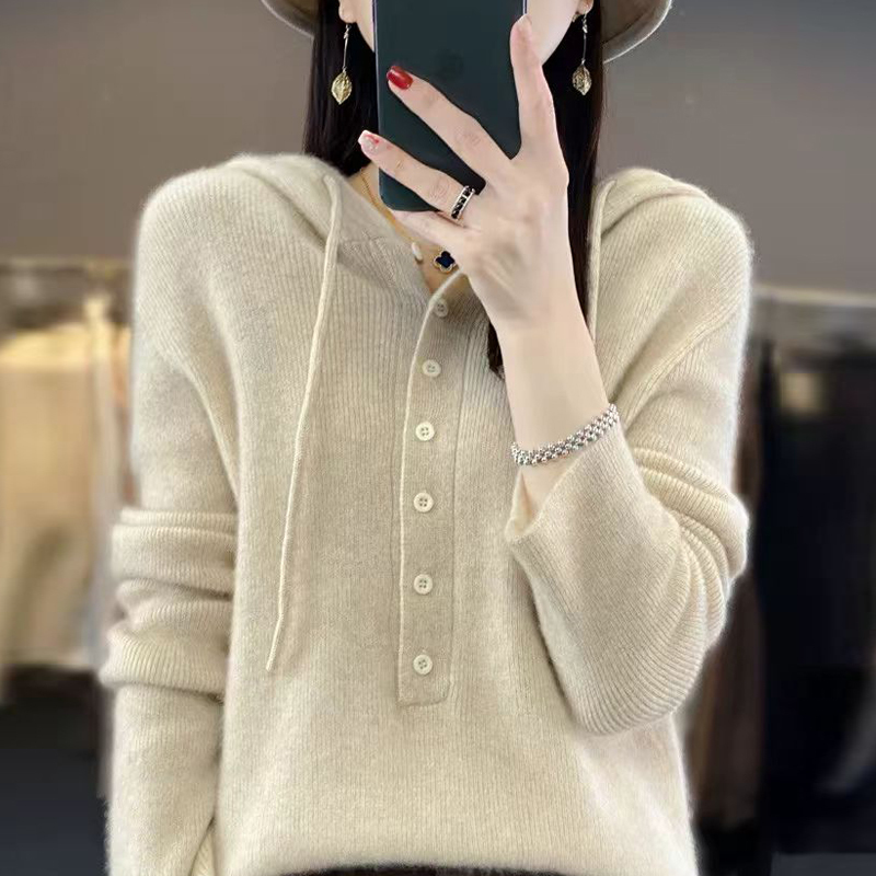 Casual Loose Cashmere Sweatshirt Base Layer for Women 2026 Autumn and Winter New Solid Color Hooded Wool Knit Sweater Trendy
