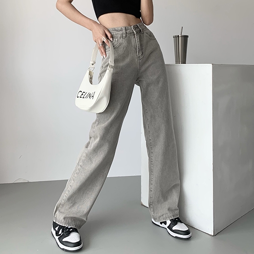 浅灰色高街直筒阔腿牛仔裤