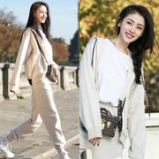 . Hàn Quốc phiên bản của mùa xuân và mùa thu hai mảnh bộ Zhang Tian sao tình yêu với một gạo thời trang màu trắng giản dị loose-fitting bộ đồ thể thao