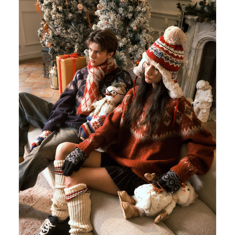 Nordic Fair Isle Red Sweater for Men and Women, Trendy Brand Couple's Knitwear, Autumn and Winter Lazy Style Atmospheric Sweater