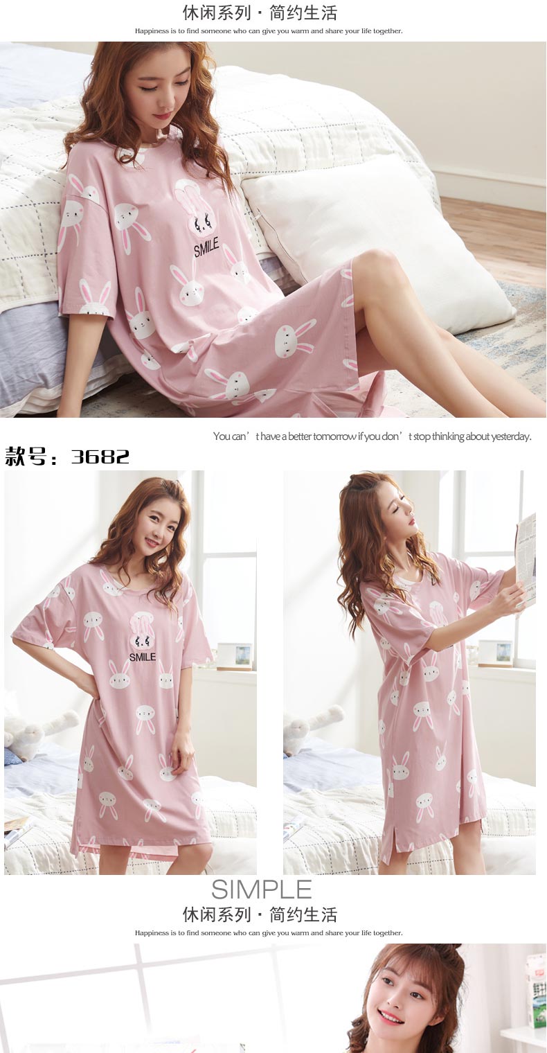 Mùa hè cotton ngắn tay của phụ nữ nightdress đồ ngủ cotton dài váy giản dị dễ thương cartoon ladies của phụ nữ dịch vụ nhà phần mỏng