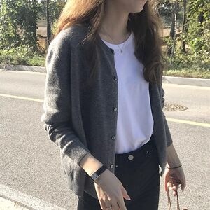 Spring and Autumn Knitted Cardigan Sweater for Women, Plus Size, Slightly Chubby, Gray, Slimming, Round Neck, Outerwear, Winter