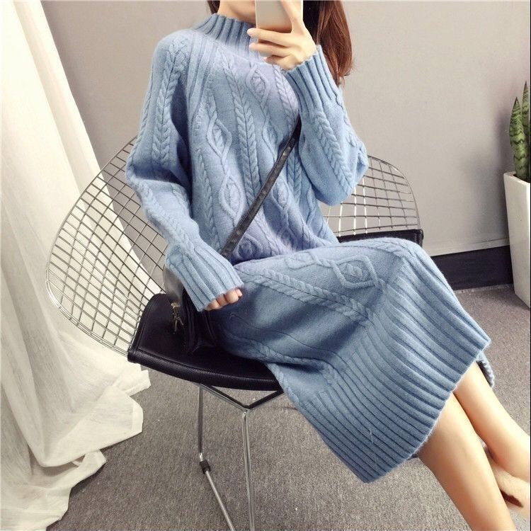 Dress Autumn and Winter New Thickened Mid-Length Sweater Women's Loose Half-High Collar Long-Sleeved Knitted Base Shirt Sweater Dress