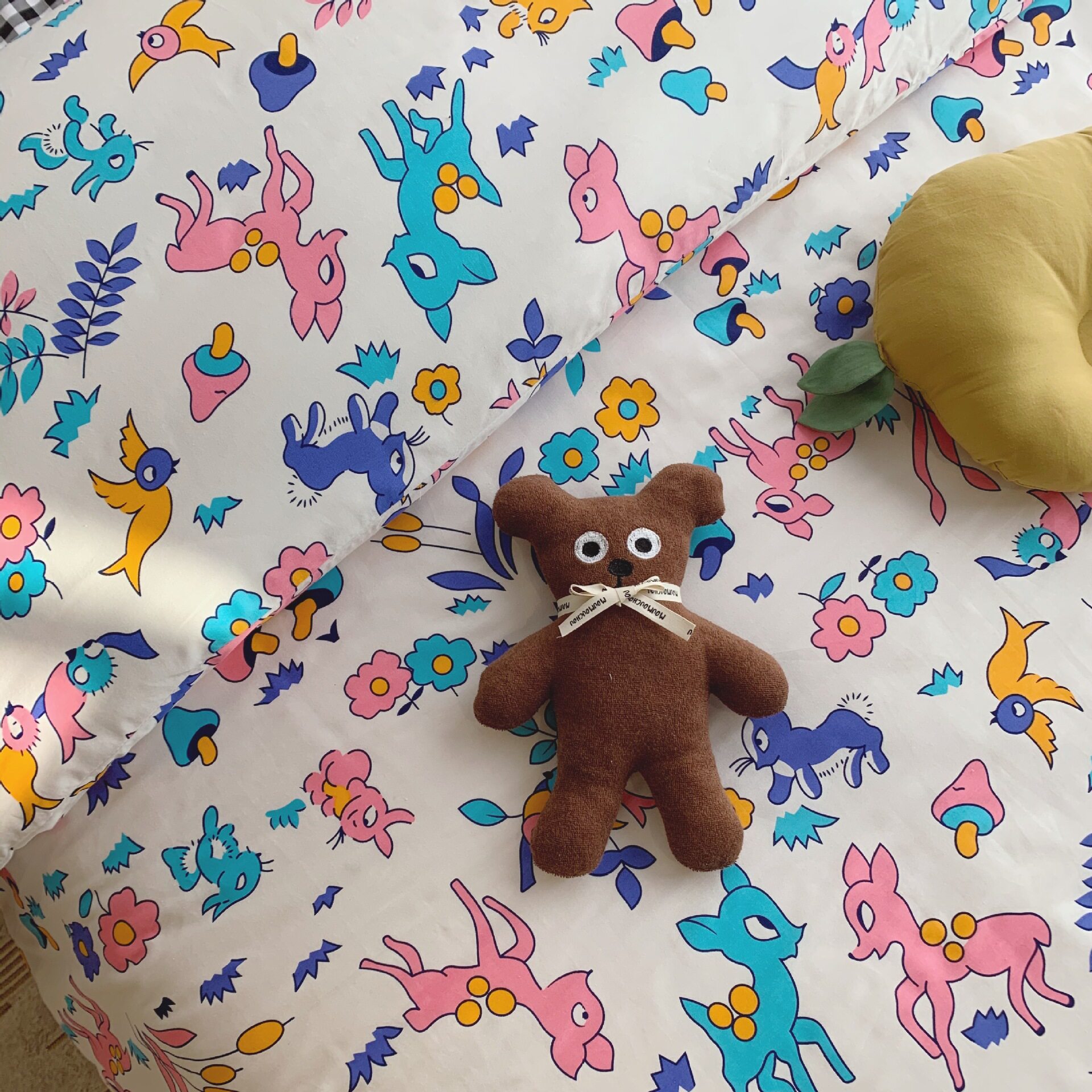 Net red cotton four-piece forest deer cartoon cotton ins idyllic flower twill cotton double bed kit