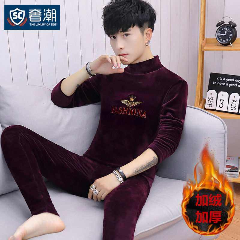 Winter new gold velvet heating pants men's double-sided velvet thick underwear two-piece bottoming shirt men's pajamas