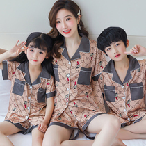 Childrens parent-child pajamas mother and daughter mother and child summer short-sleeved ice silk thin section imitation silk girl big girl suit summer